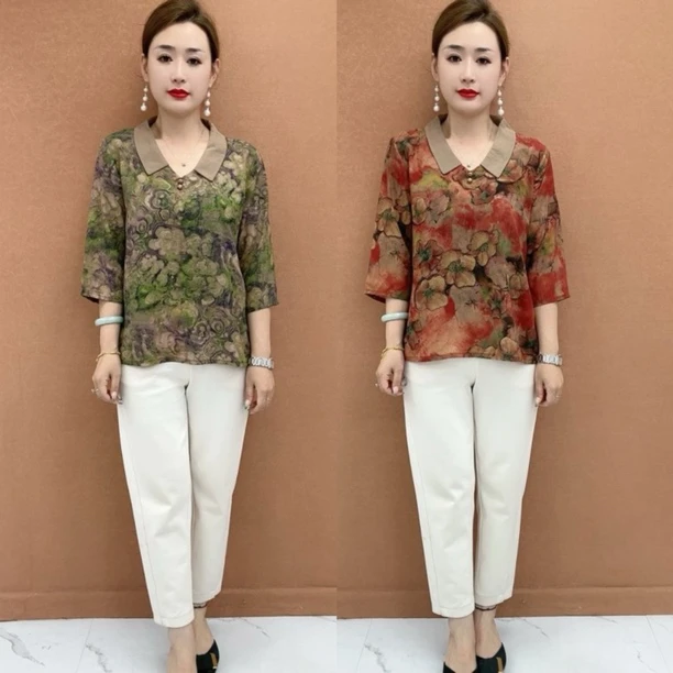 早秋中袖印花休闲小衫中老年妈妈减龄百搭上衣