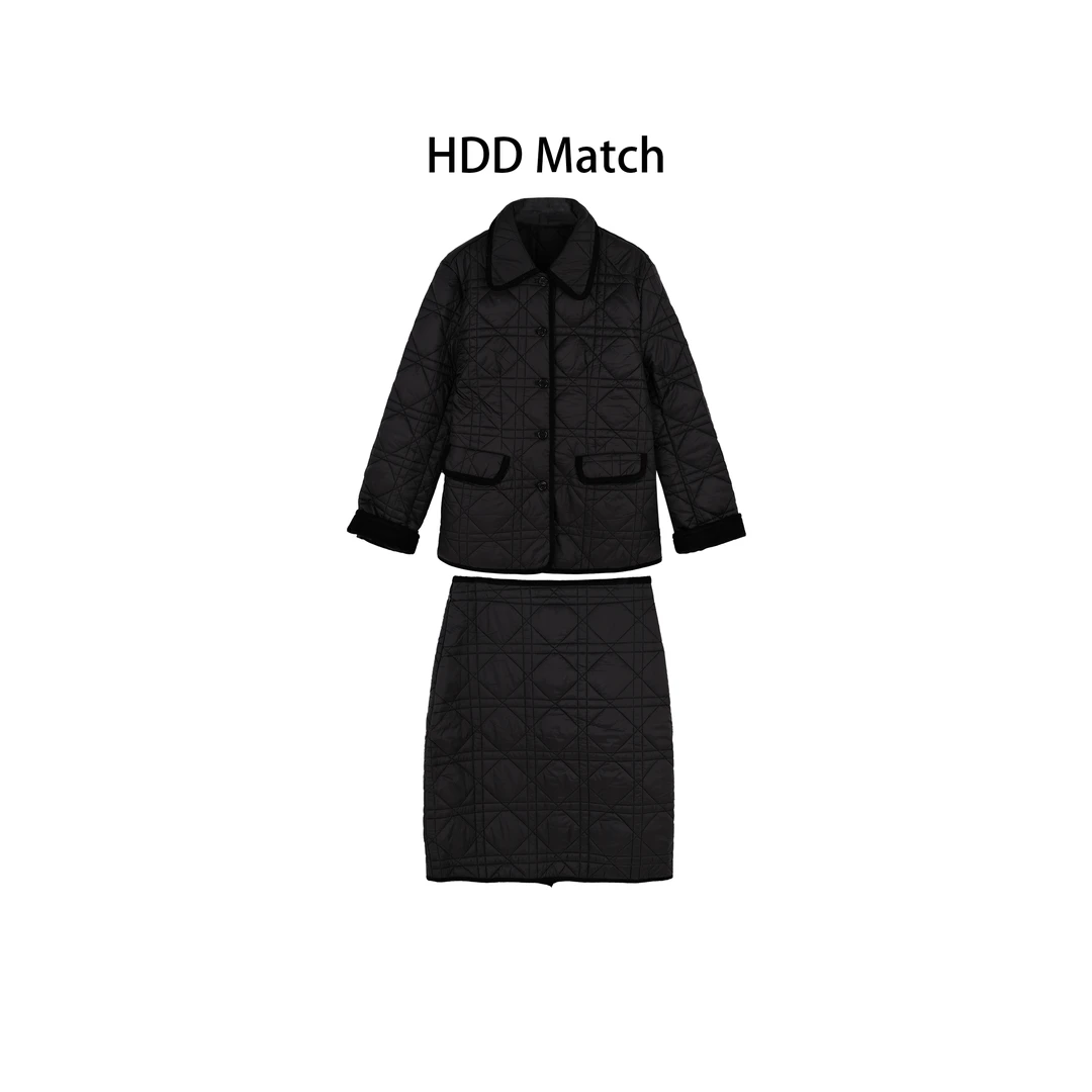 HDD- "菱形块" 女款菱形格夹棉气质外套+夹棉半身裙套装 Y1025