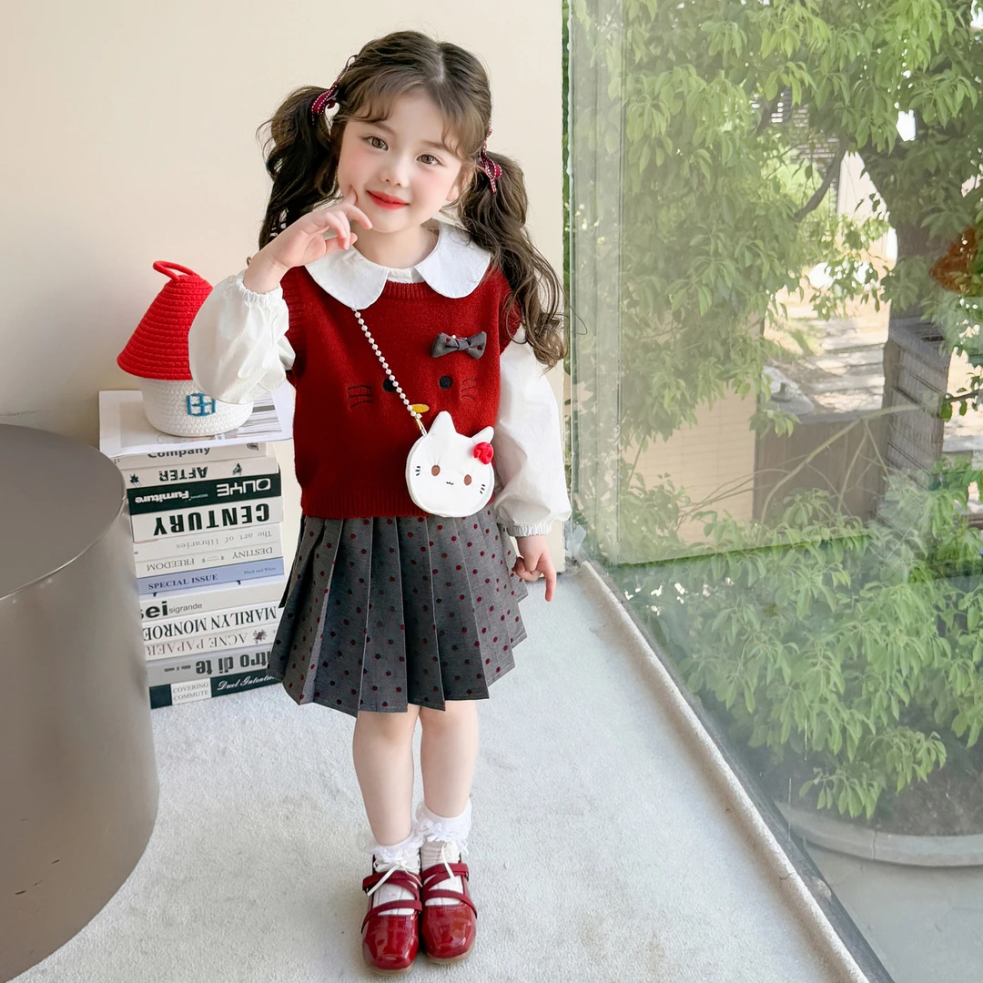女童2025秋季时尚洋气休闲百搭儿童千金风猫咪马甲波点百褶裙套装