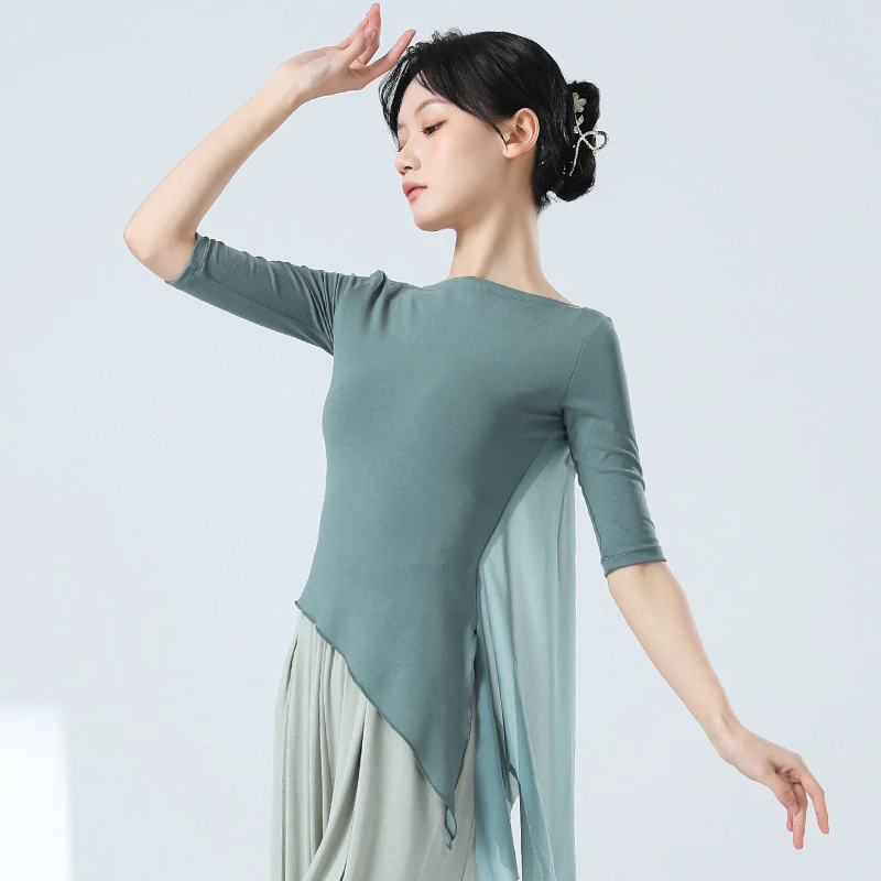古典舞服身韵练功服女拼接网纱舞蹈服民族舞上衣艺考仙气飘逸古风