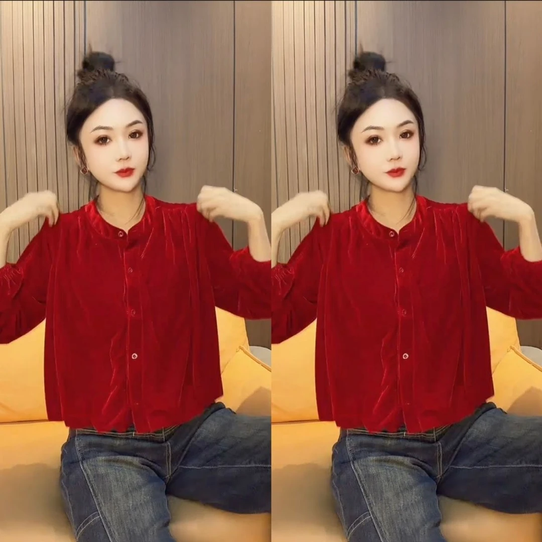 新中式时尚显瘦洋气百搭气质国风衬衫上衣女复古红色宽松长袖衬衣