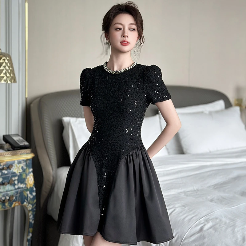 气质小众高贵轻奢中裙款收腰夏季黑色显瘦连衣裙21695