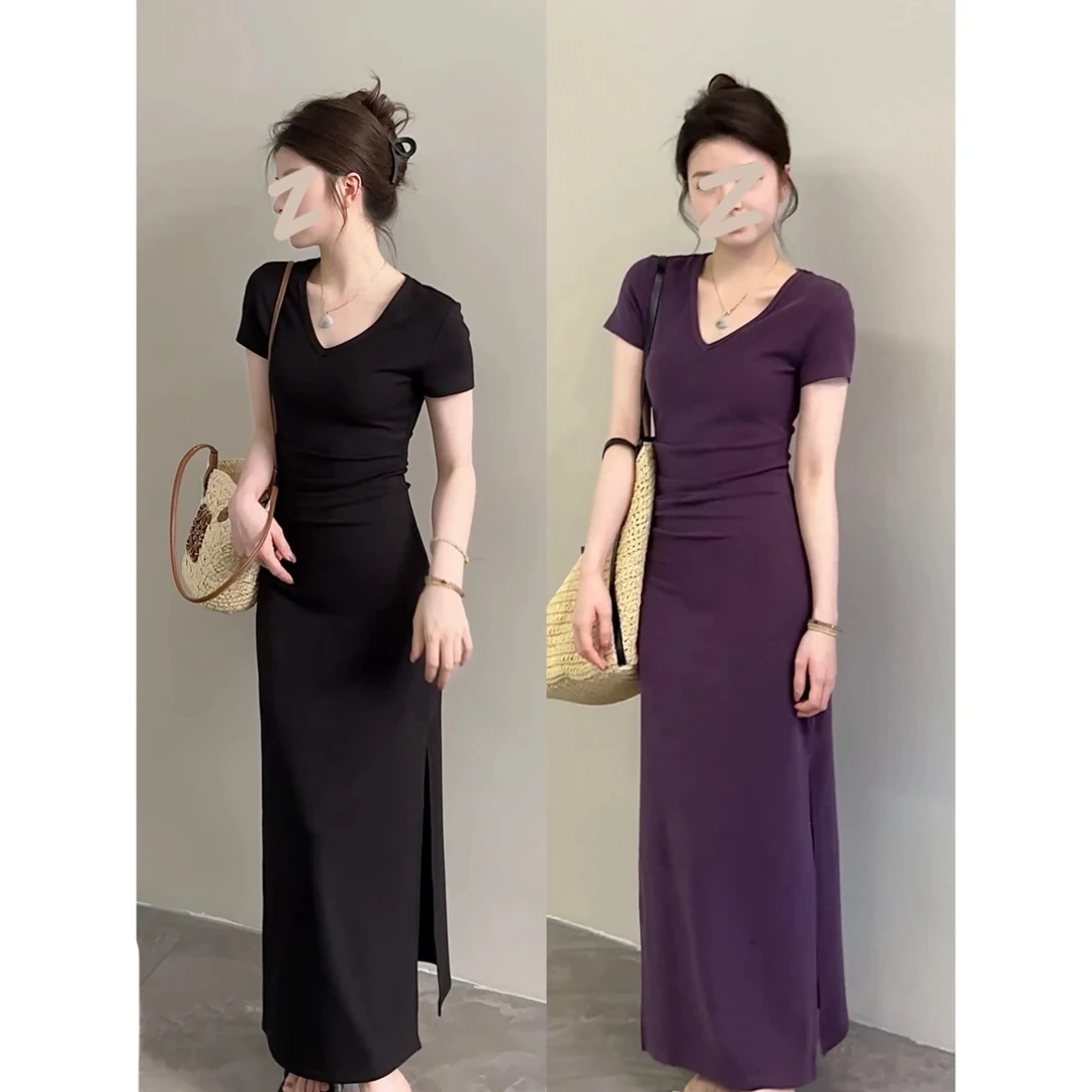 休闲短袖小众清凉连衣裙性感包臀修身感V领开叉长裙#