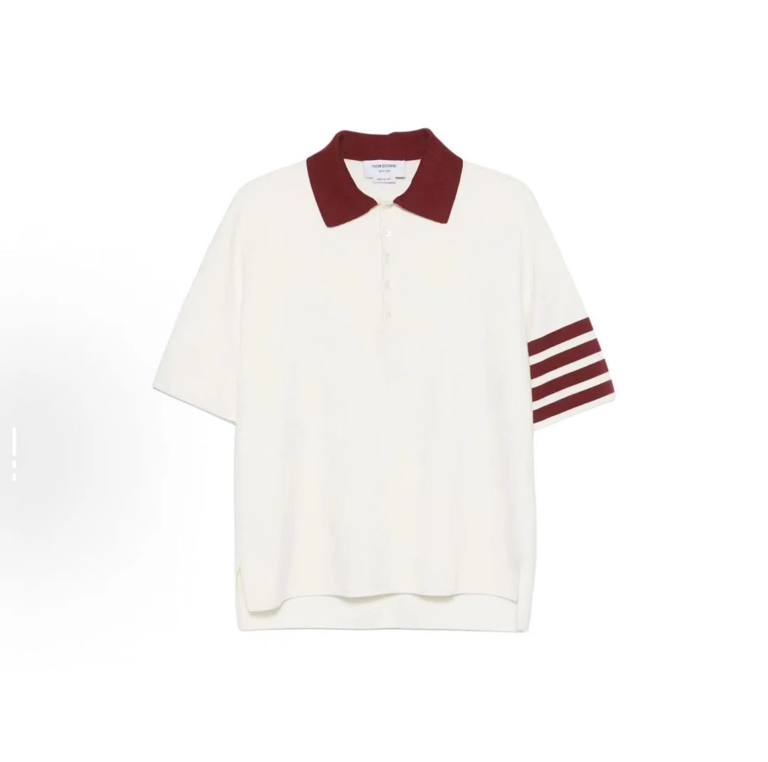 未使用 THOMBROWNE 白色条纹侧面开叉宽松短袖Polo衫