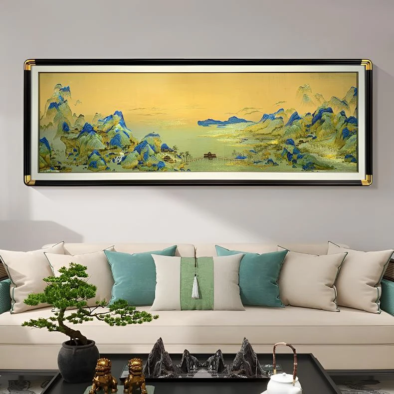 正版苏绣千里江山图挂画高级感客厅玻璃装饰画刺绣客厅背景墙挂画