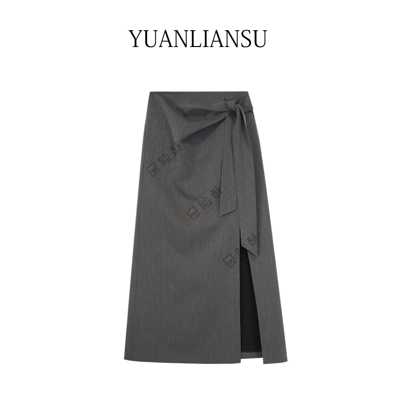 YUANLIANSU/圆脸酥【青苍】时尚高腰系带开叉显瘦A字半身裙Y802