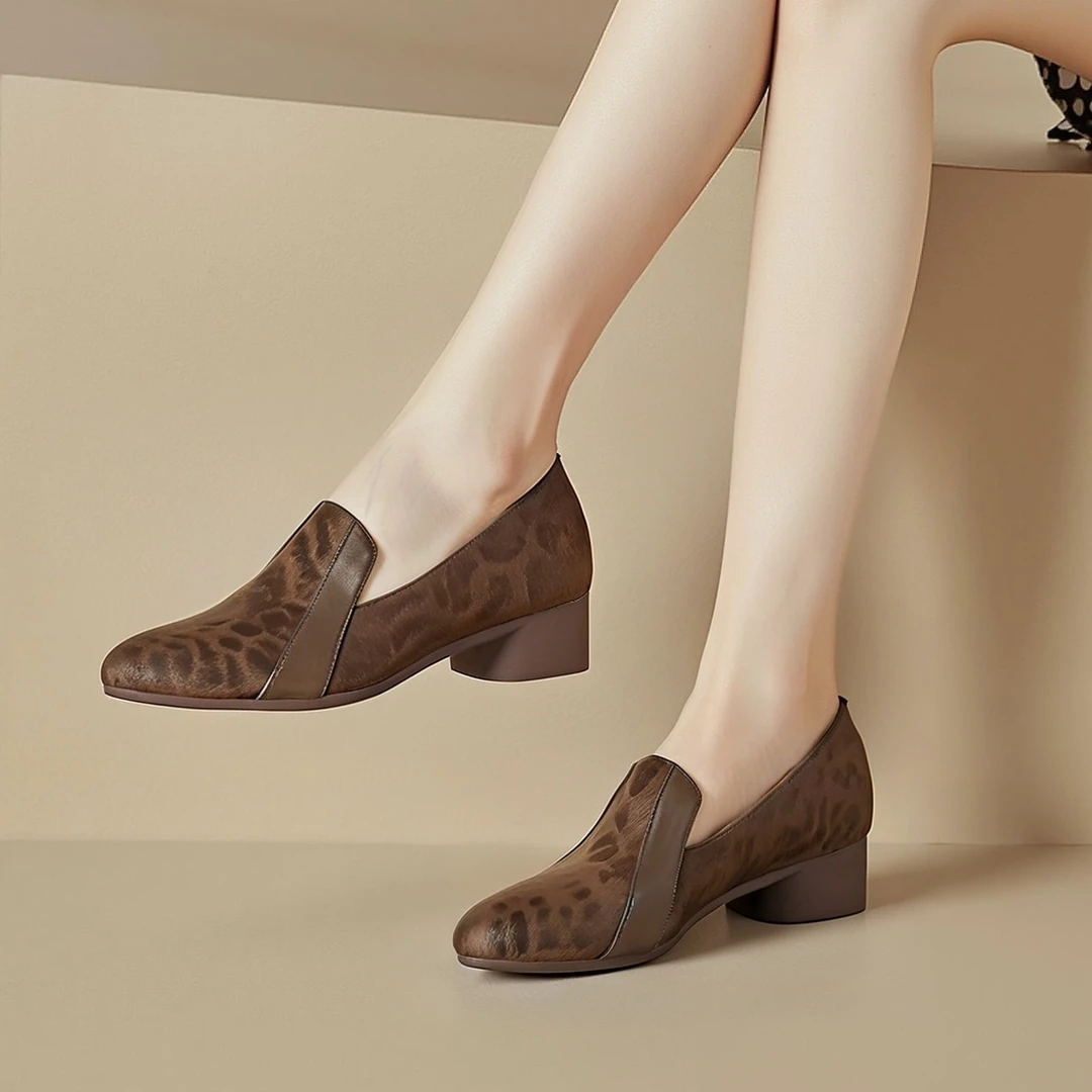 2025春季新款豹纹单鞋女复古中口通勤女鞋春夏百搭真皮低跟鞋411