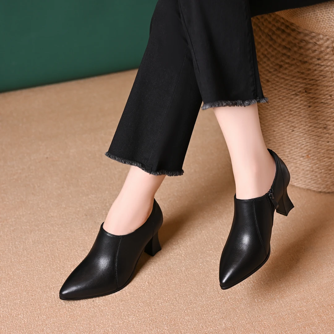 头层牛皮尖头时尚高跟鞋女春秋深口小皮鞋真皮软底单鞋女粗跟女鞋