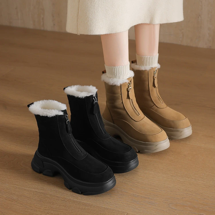 7cm 法式气质通勤百搭舒适厚底短靴冬季简约风时尚小个子保暖棉靴