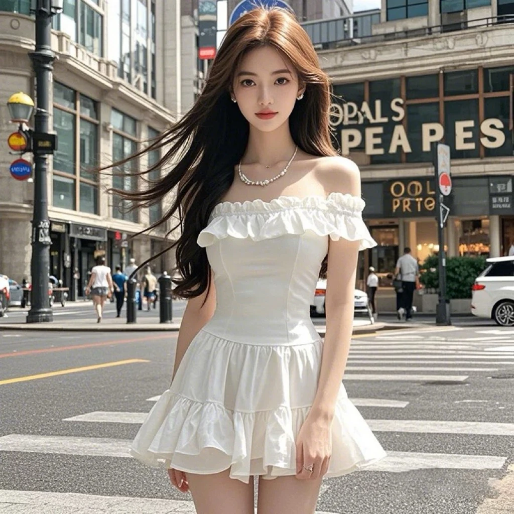 春季新款时尚2025白色纯欲一字肩荷叶边连衣裙女小众设计气质显瘦