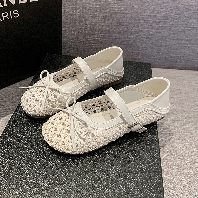 2025年夏季新款韩版蝴蝶结编织镂空女鞋公主凉鞋防滑软底休闲百搭