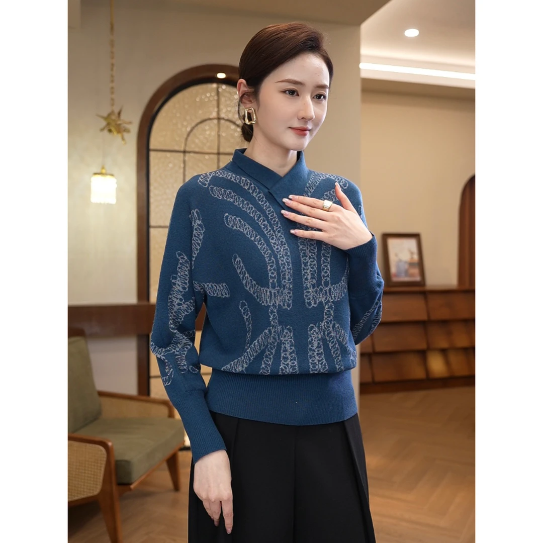 2025秋冬季爆款【ZM-1026JR】含绵羊毛可外穿蓝色慵懒风针织衫毛衣
