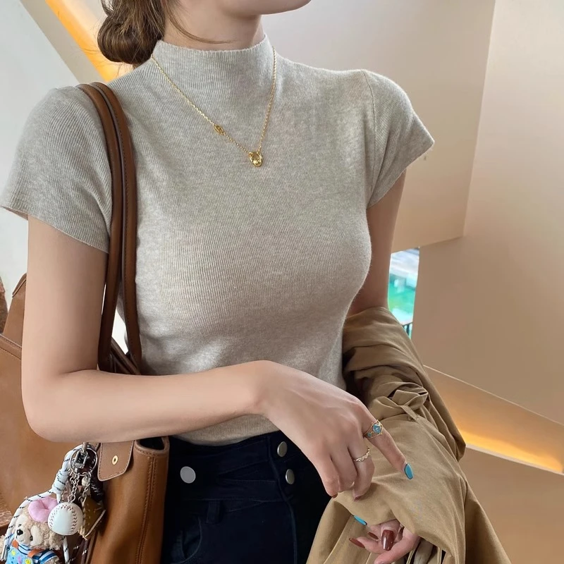 灰色半高领短袖T恤女装内搭2025春夏新款修身高级感针织打底上衣