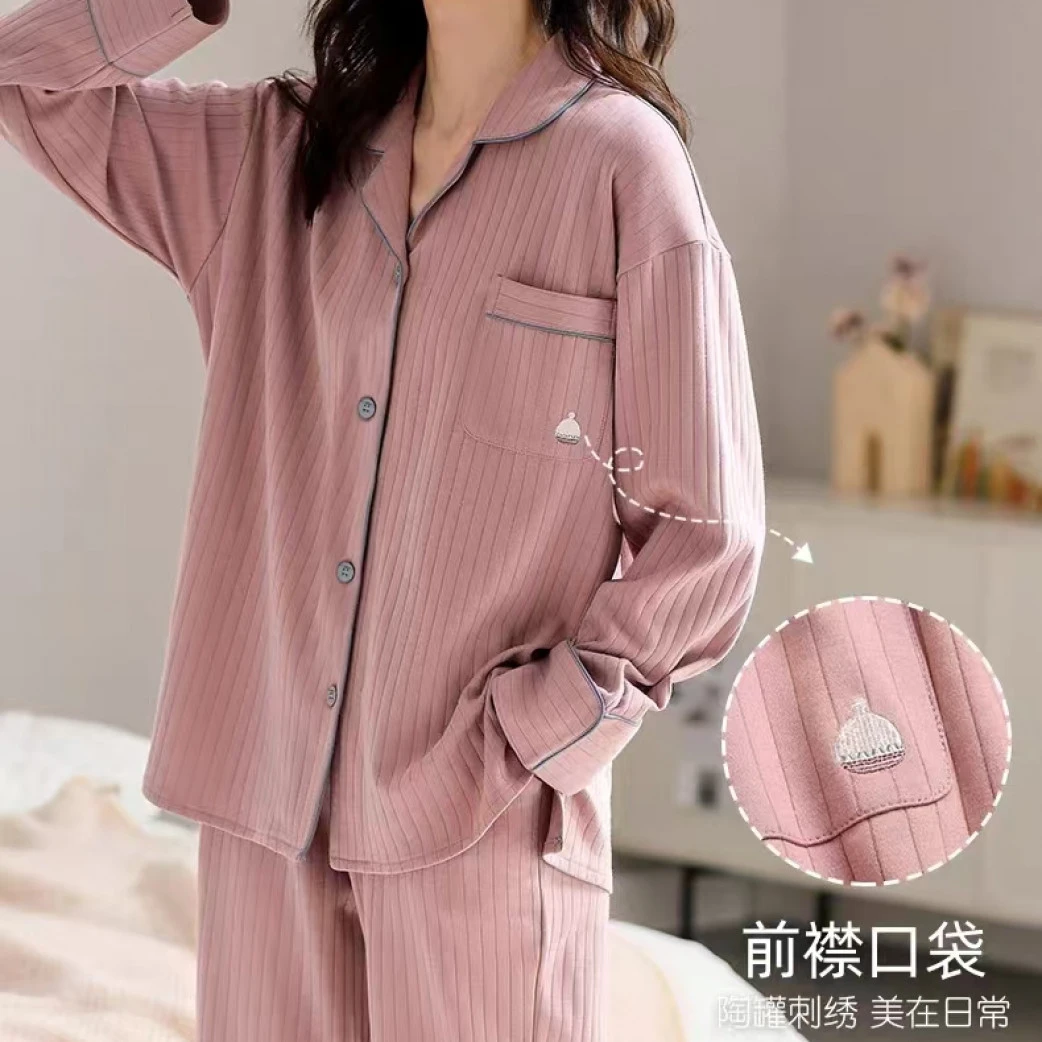 长袖方领常规透气女秋季耐磨睡衣休闲夏季春夏女士日常宽松EB022