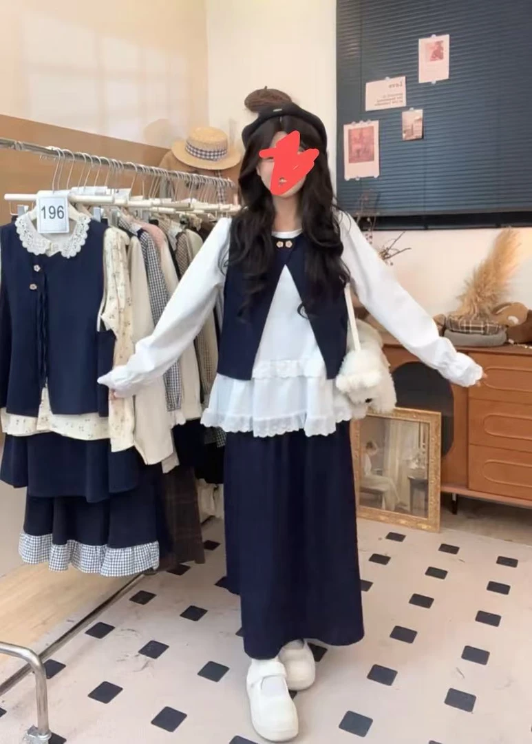 大码衬衫上衣马甲半身裙套装9622