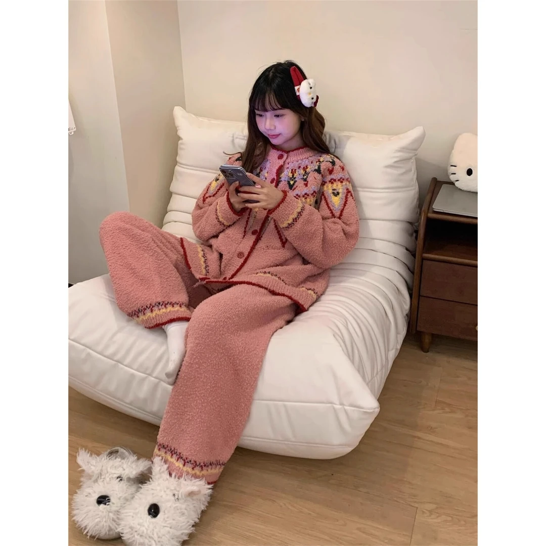 复古民族风少女半边绒睡衣女冬款国风针织开衫加厚保暖家居服套装