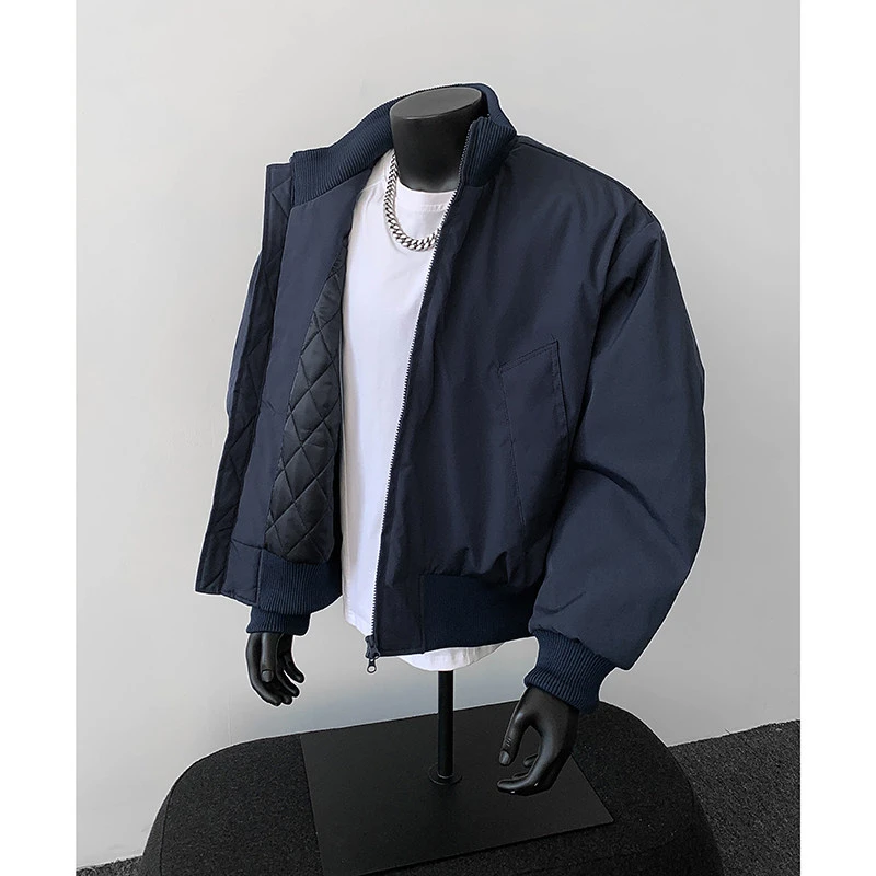 藏青色飞行员加棉夹克男冬季美式棉衣服痞帅立领棉袄休闲二棉外套