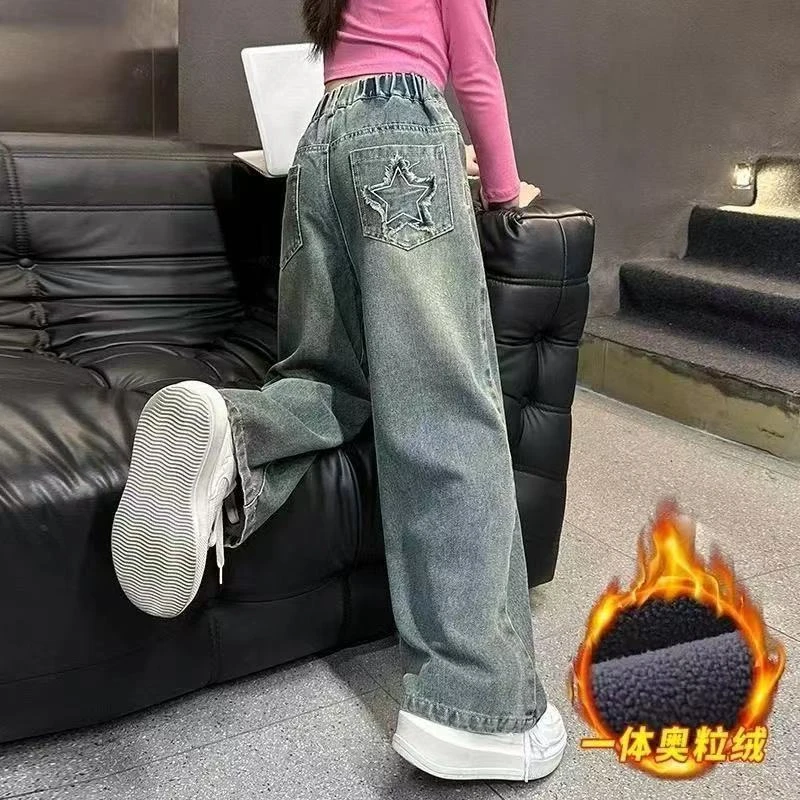 新款特厚女童牛仔裤中大童一体绒厚款女孩松紧腰冬季休闲牛仔裤