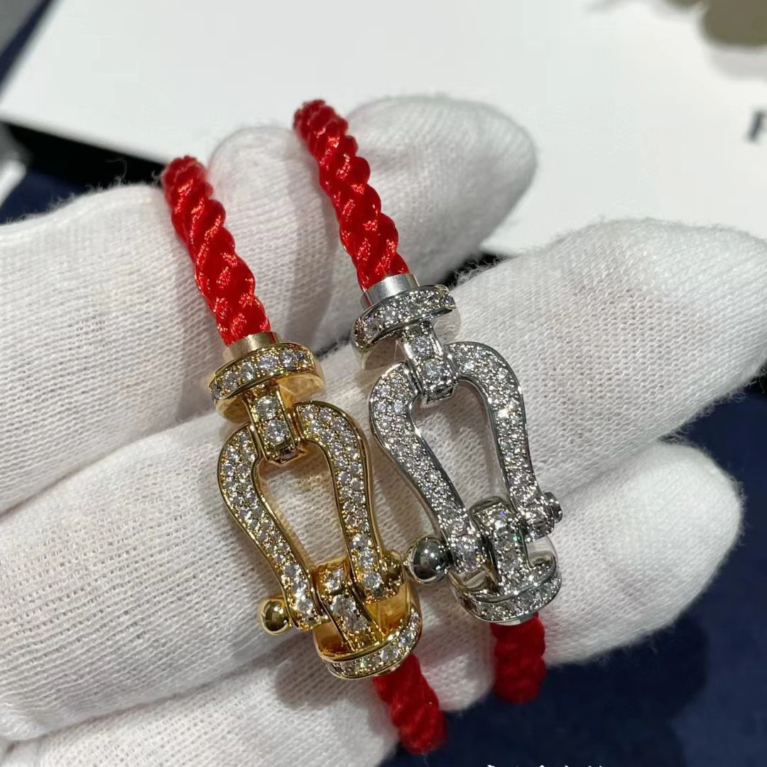 925银布艺手链 高版本费家满钻马蹄扣红绳U型男女情侣手环8字手链