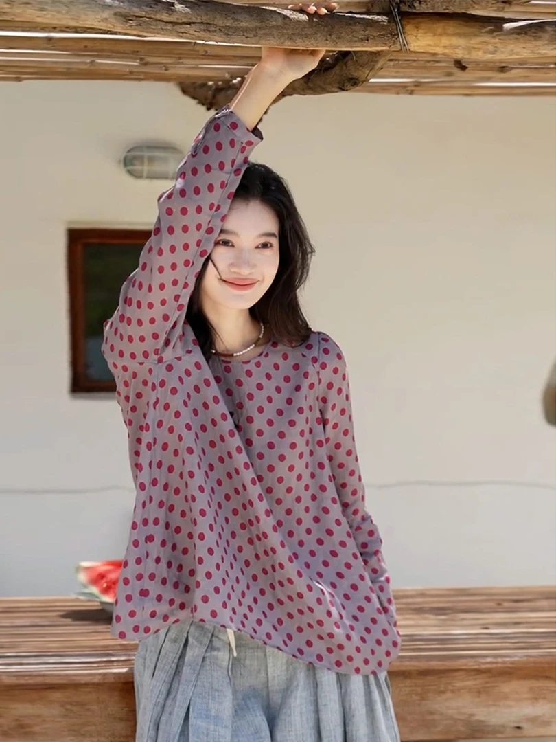 超好看紫色波点长袖t恤女款秋装韩系穿搭慵懒松弛感独特漂亮上衣