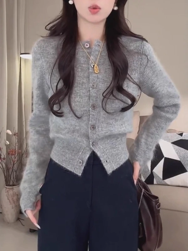 漂亮单排扣百搭针织开衫女2025秋冬大码胖MM软糯毛衣修身显瘦上衣