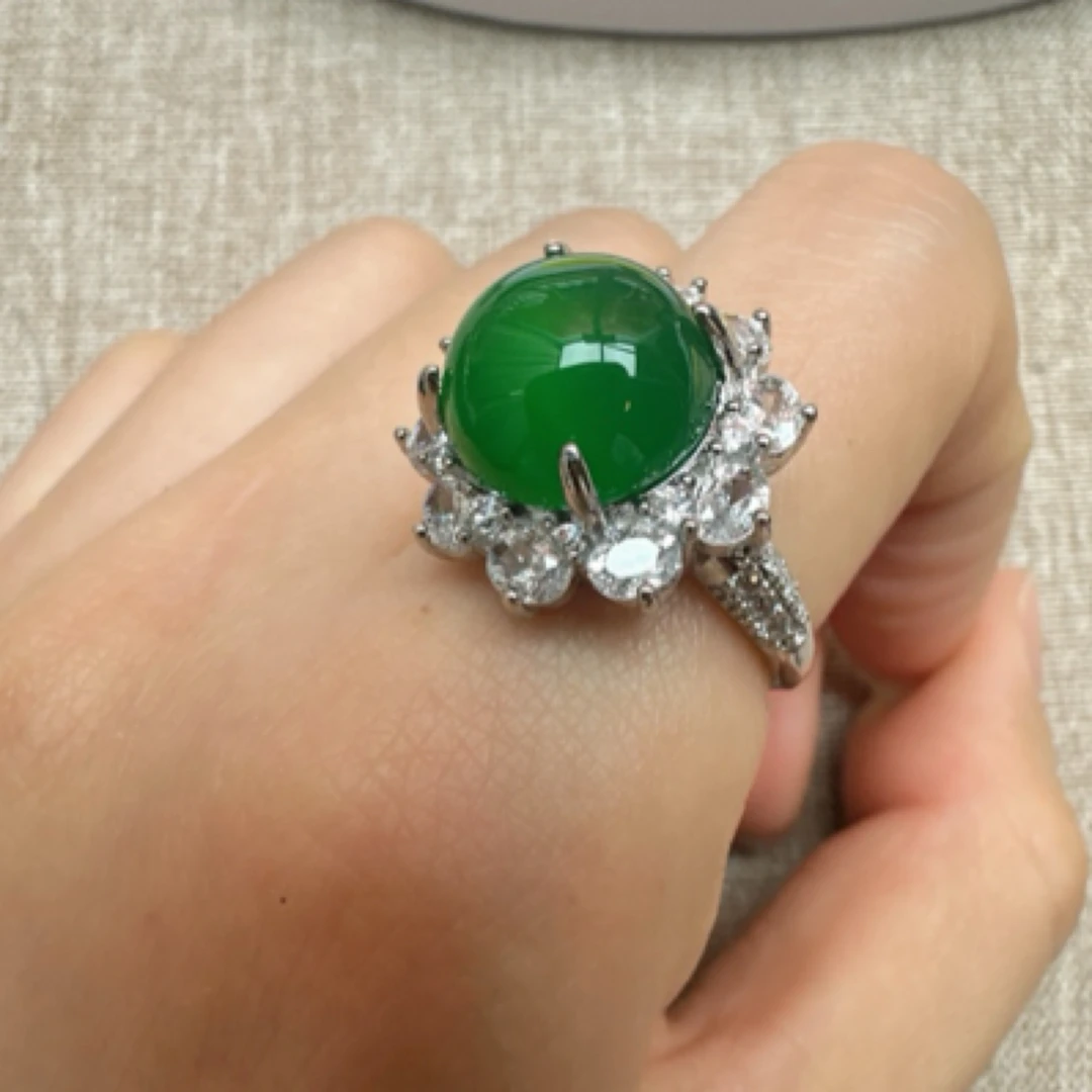 简一珠宝天然玉石白金色大太阳花鸽子蛋气质百搭戒指