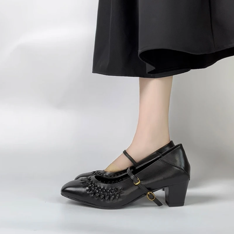 5CM小众时尚简约气质高跟鞋2025夏季新款方头粗跟浅口一脚蹬单鞋