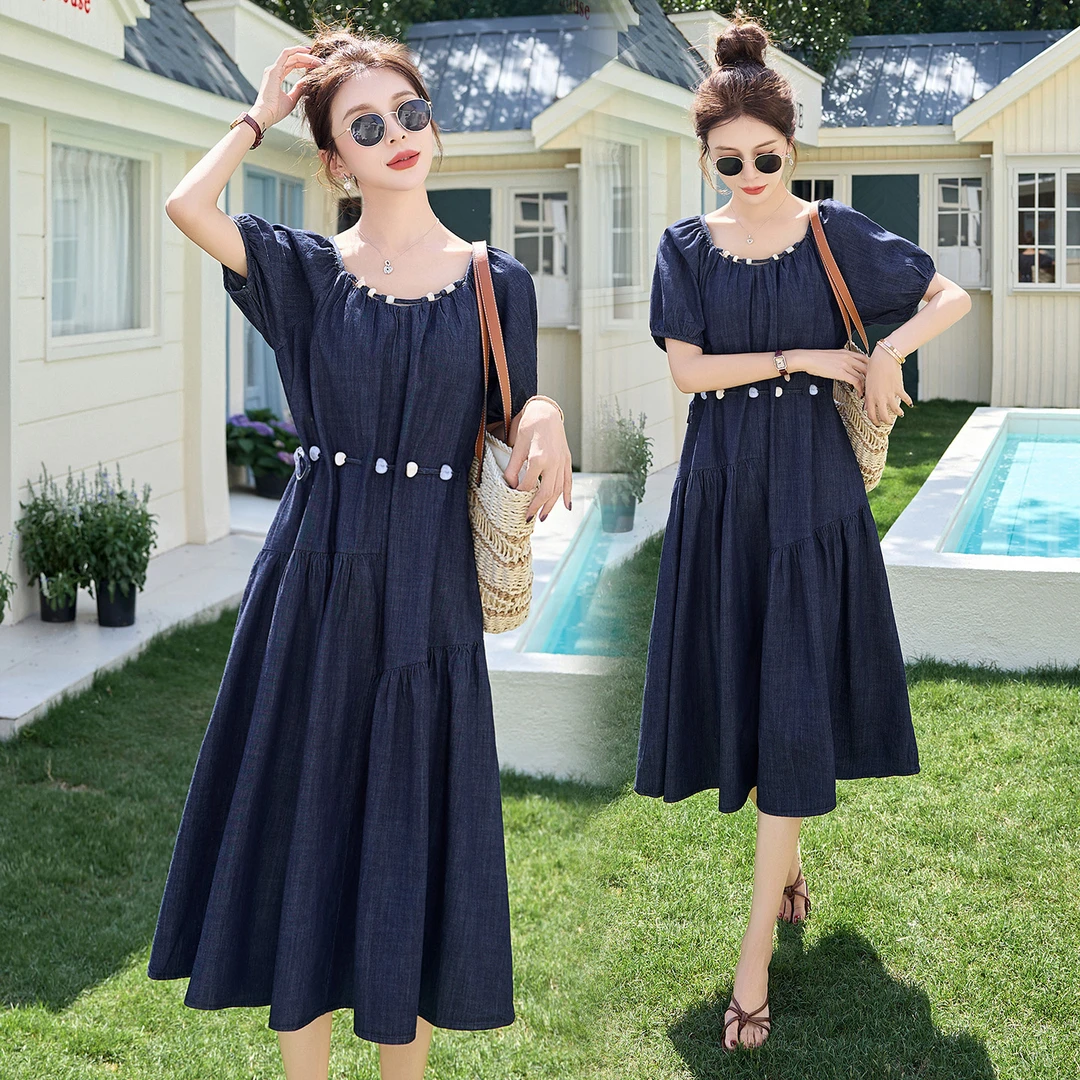 休闲时尚牛仔连衣裙女2025年夏季新款洋气减龄收腰显瘦中长款裙子