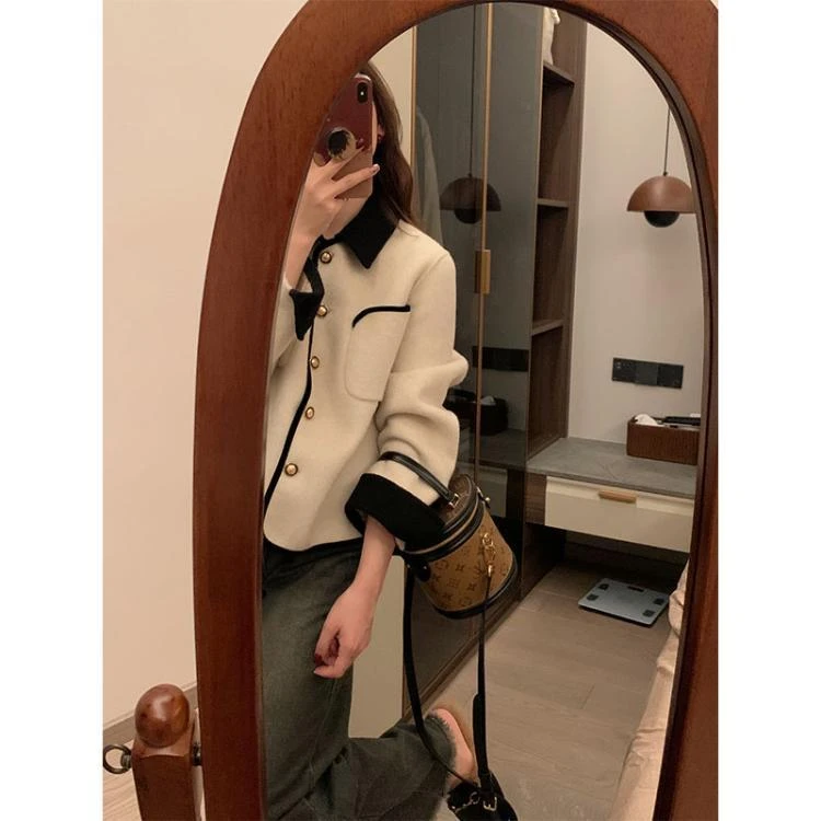 撞色翻领小香风百搭短款外套女秋冬新款宽松显瘦港风休闲毛呢大衣