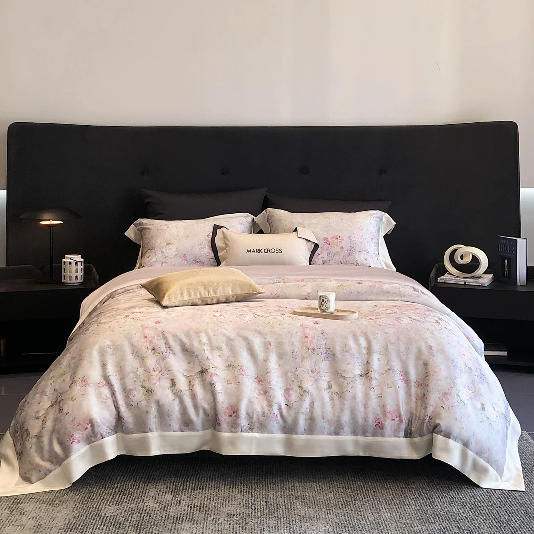 三宝爸首发 【莫莉珊瑚】 冷凝丝超细旦唯美印花丝滑凉感天丝四件套