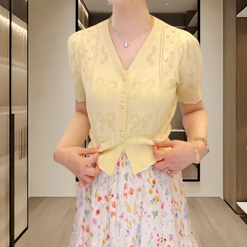 镂空撞色短袖冰丝针织女2025收腰显瘦百搭竹节麻夏季新款气质上衣