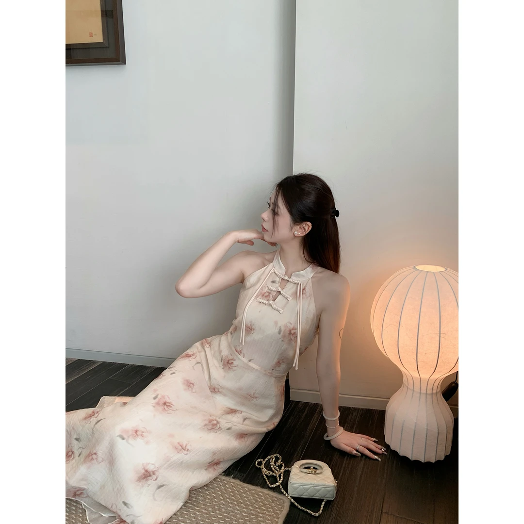 我是你的cc阿 南风晚意~莫奈花园风露肩长裙女夏季新中式连衣裙女