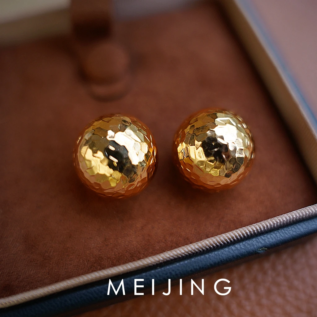 黄铜耳饰 秋冬设计轻奢高级感锤纹肌理金属球形耳环