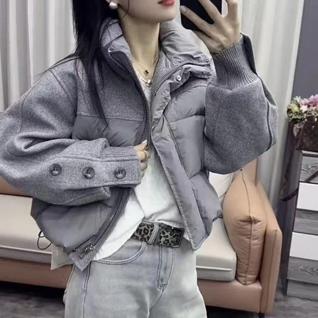 2025新款韩版冬季时尚洋气棉服拼接毛呢外套女立领短款加厚棉衣潮