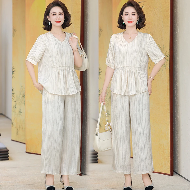 妈妈夏装时尚套装2025夏季宽松显瘦短袖恤上衣阔腿裤女装两件套