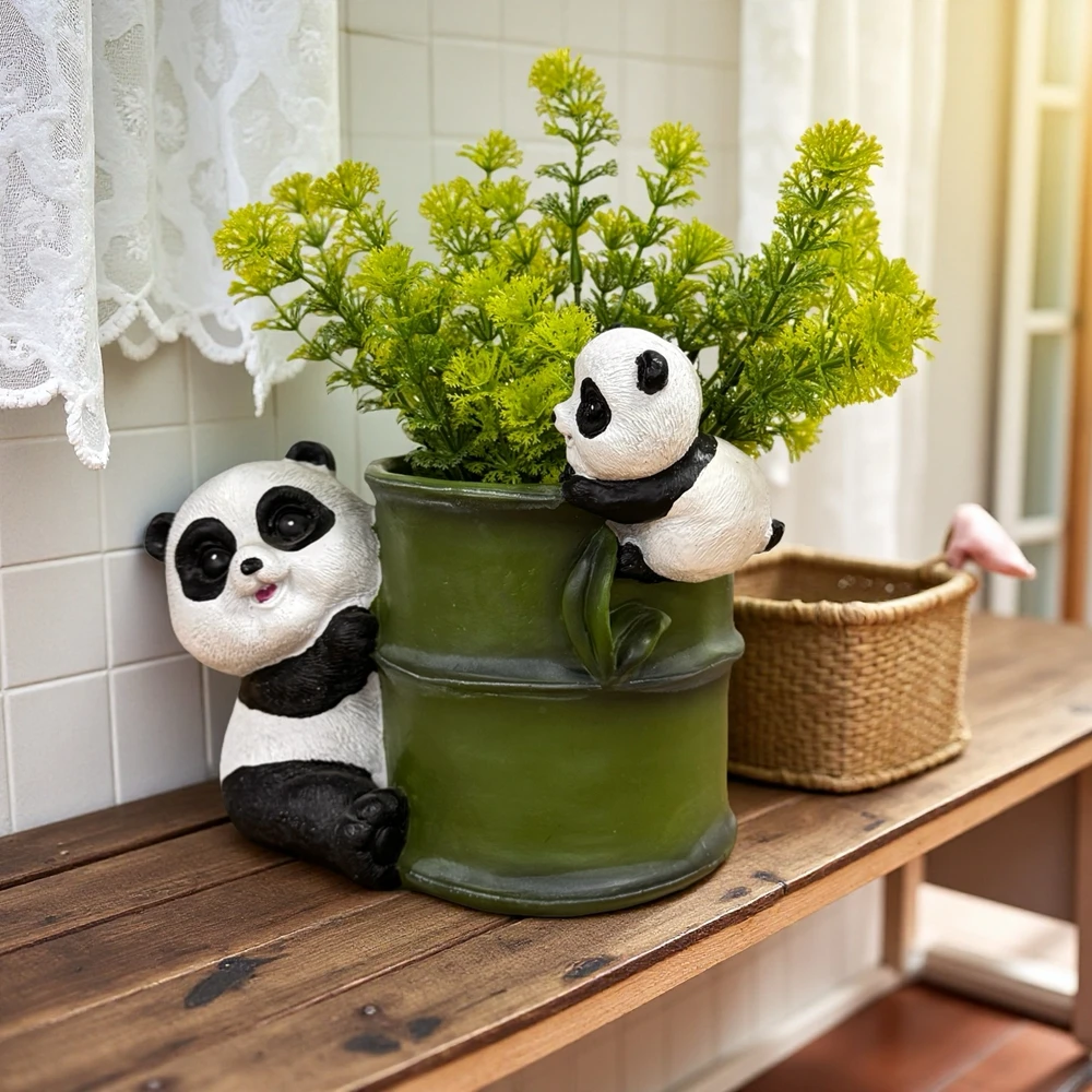 创意动物卡通熊猫竹子树脂花盆户外花园庭院装饰品摆件