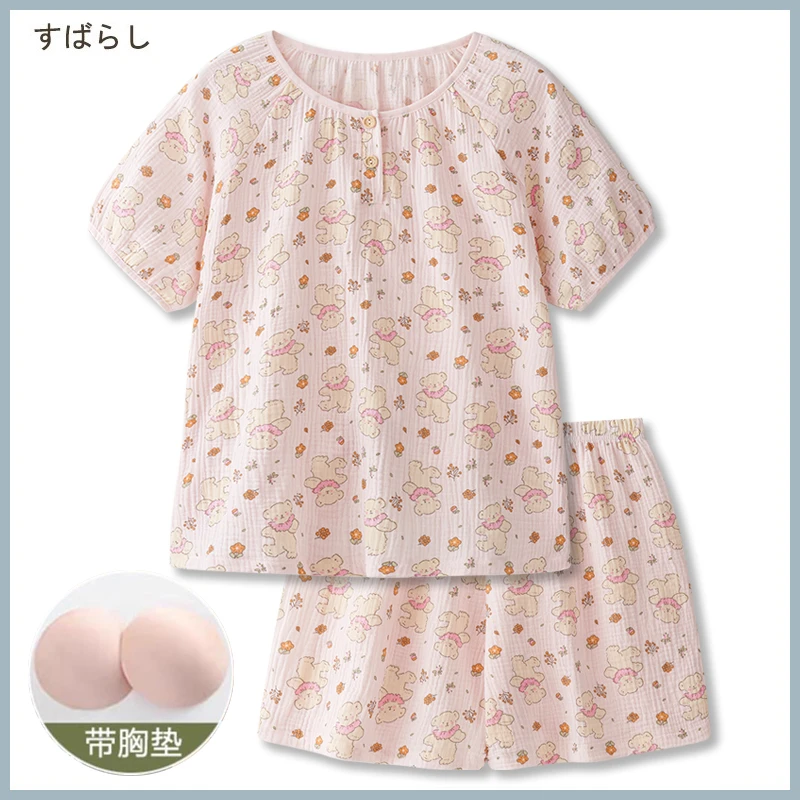 100%春夏纱布薄款短袖短裤女秋夏双层棉婴儿棉透气全棉薄款女套装