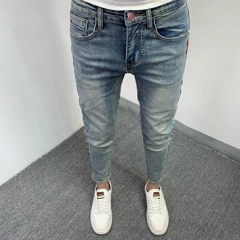 时尚水洗小脚牛仔裤男士修身浅色复古潮流休闲百搭弹力夏季九分裤