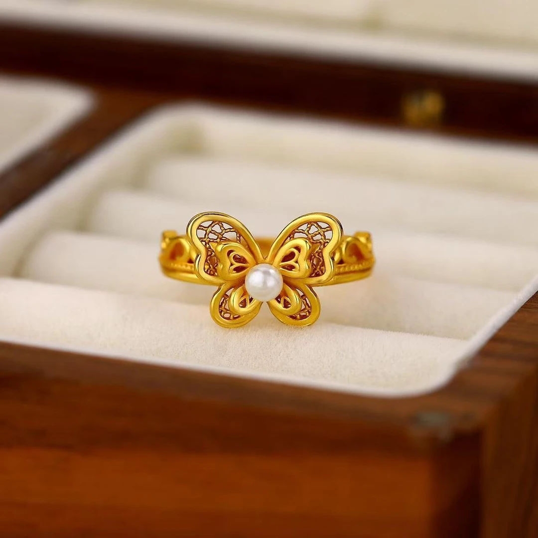 新中式蝴蝶珠珠戒指女时尚百搭