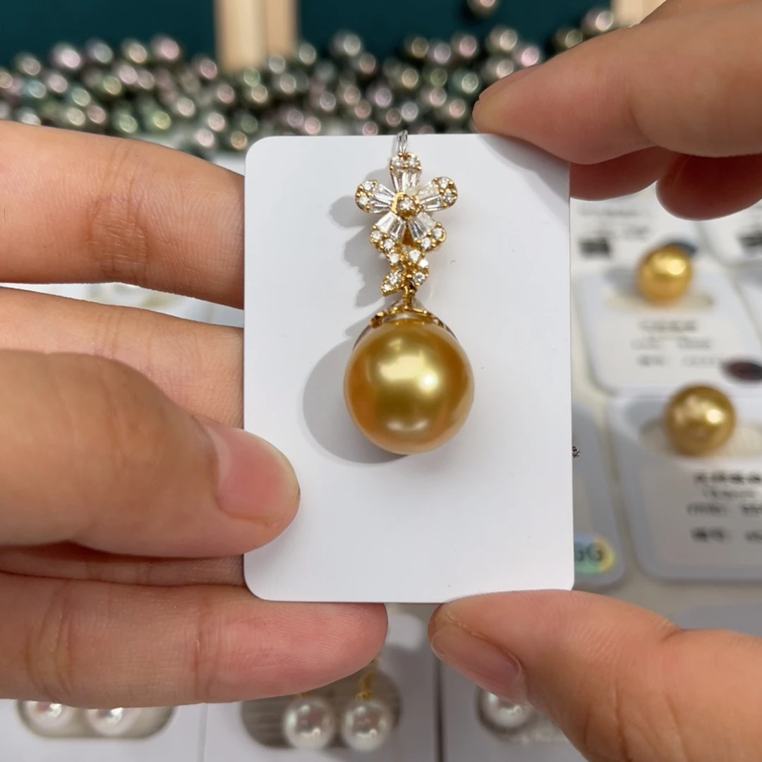 海水珍珠18K金镶嵌南洋金珠茶金13-13.5mm