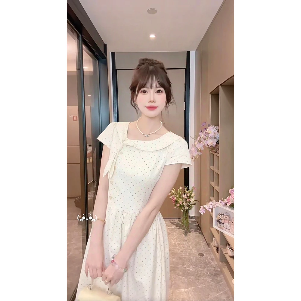 【海盐苏打】法式清新少女波点蝴蝶结兔耳朵连衣裙复古温柔风软妹裙