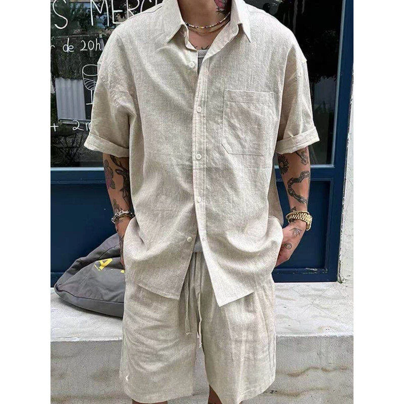 贵气老钱风亚麻短袖衬衫男夏季薄款透气套装痞帅高级感一整套穿搭