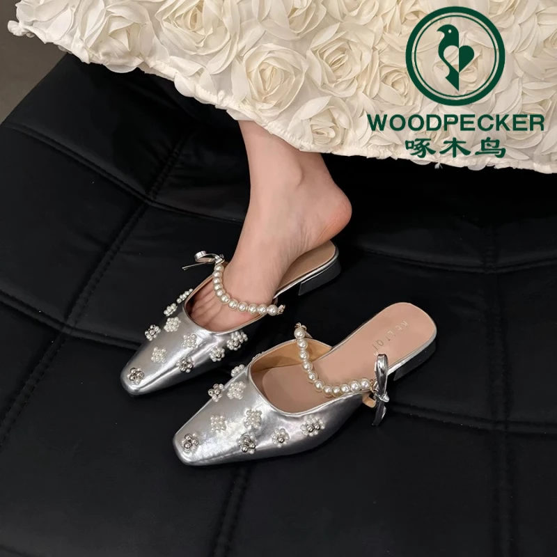 【啄木鸟正品】法式晚晚配裙包头半拖鞋女外穿珍珠高跟银色绝美凉鞋