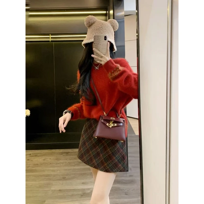 法式复古气质高级感收腰显瘦百搭毛衣上衣针织衫格子毛呢半身裙女