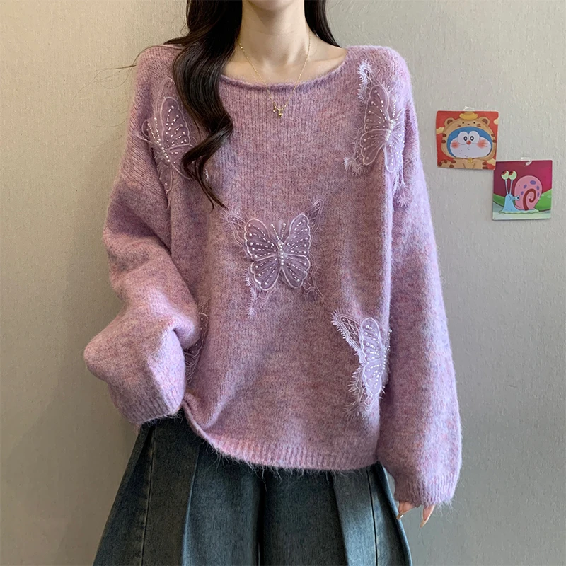 大码慵懒风香芋紫圆领毛衣女秋冬胖mm立体蝴蝶宽松遮肉软糯针织衫