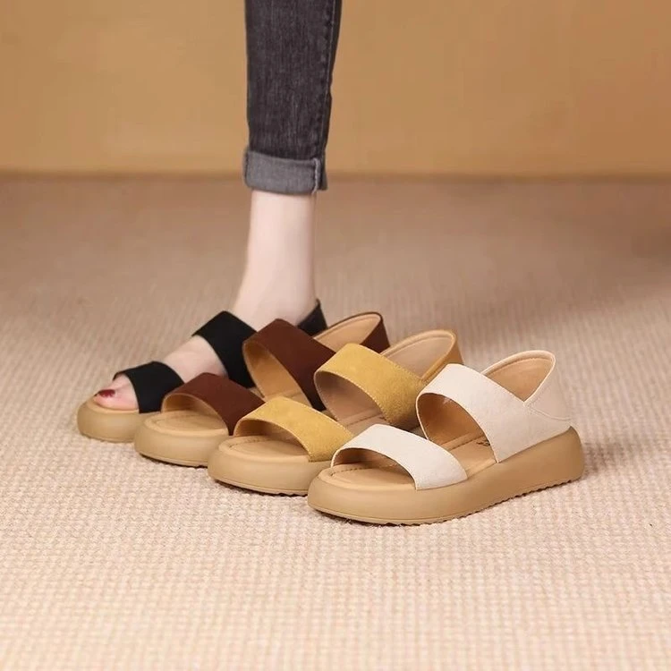 夏季2025露趾外穿休闲凉鞋防滑舒适时尚复古百搭一字带平底软底鞋