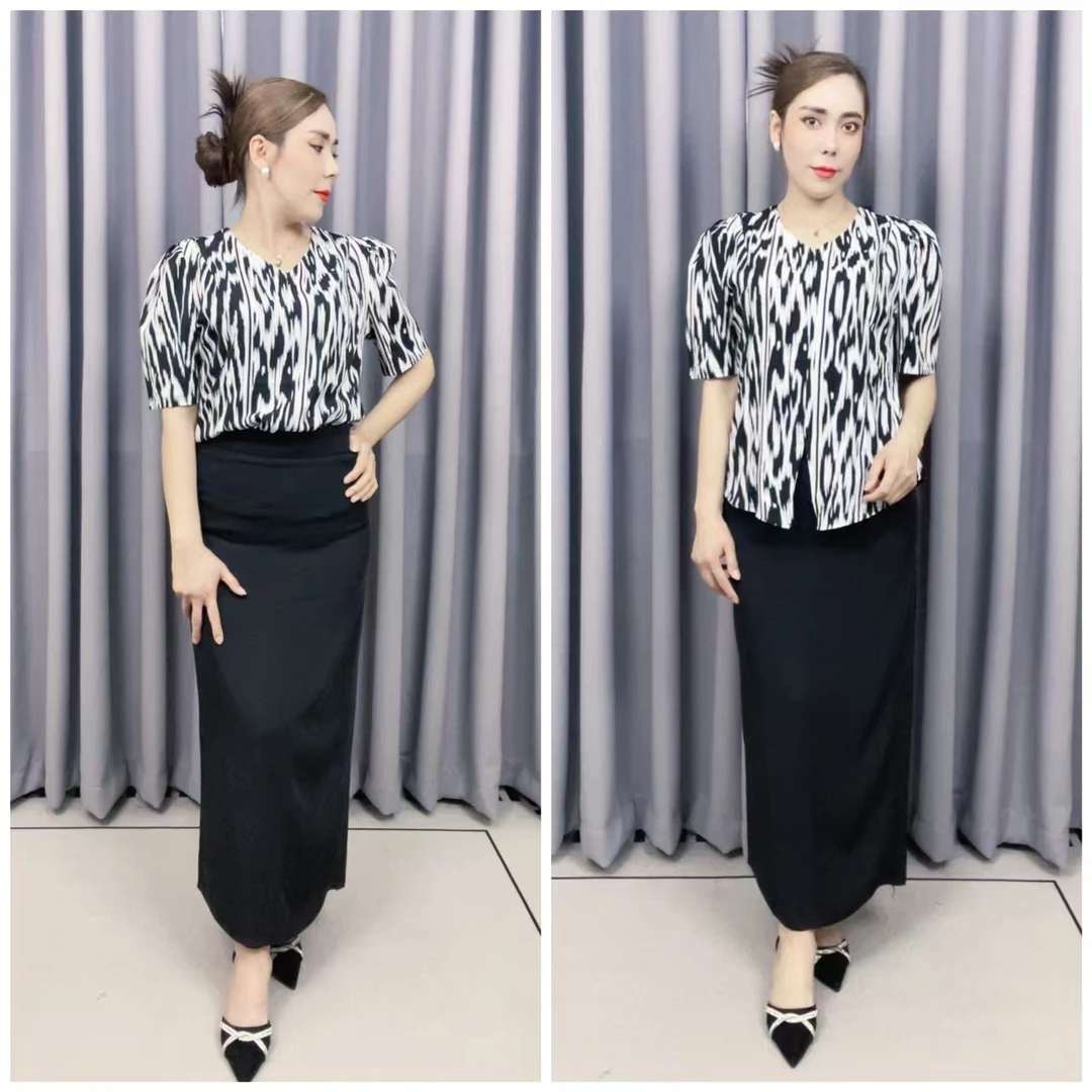 豹纹不规则气质印花上衣时尚套装休闲短袖雪纺衫民族风减龄夏季