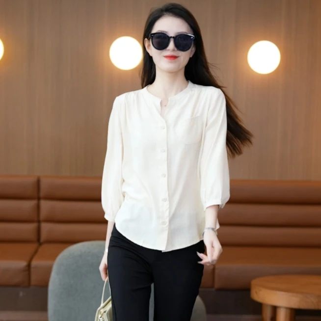 百搭小衫2025早秋新款慵懒风显瘦宽松简约衬衫九分袖设计感上衣