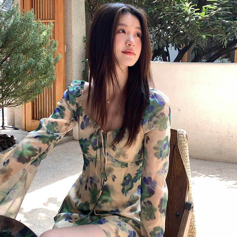 【花洛利亚】RARE ZZ 度假系列定制印花清水绿浪漫碎花长袖连衣裙