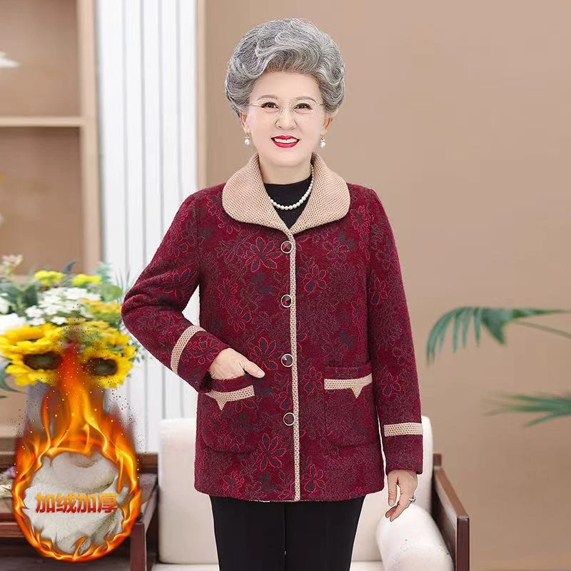 8573-中老年人女装妈妈加绒加厚外套奶奶装春秋上衣服【C仓】